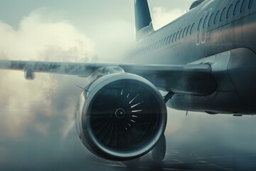 Passenger airplane is taxiing on a runway covered with morning mist and preparing for take off
