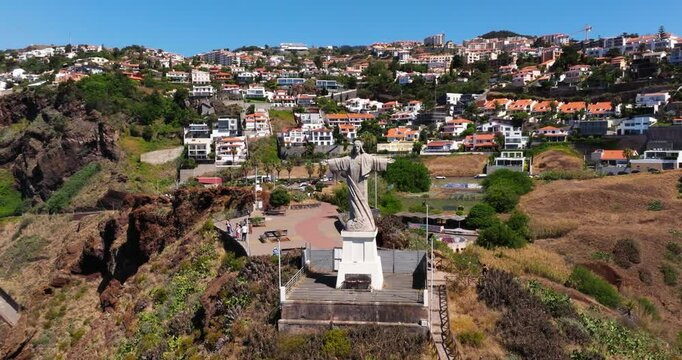 Beautiful Drone View Above Cristo Rei Statue. Madeira, Portugal. Aerial Shot