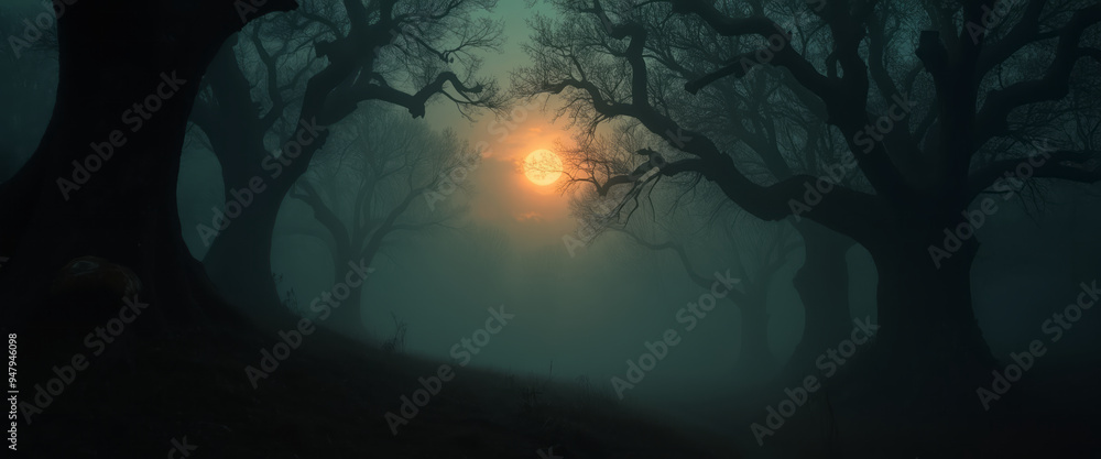 Wall mural spooky halloween hazy landscape with creepy trees