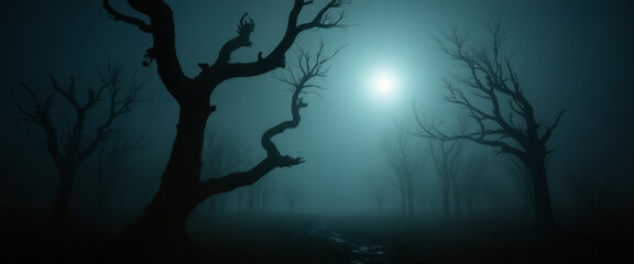 Spooky Halloween hazy landscape with creepy trees