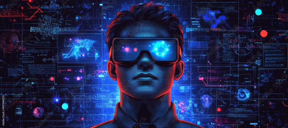 Poster man in vr headset immersed in digital data, futuristic technology with glowing lines and charts