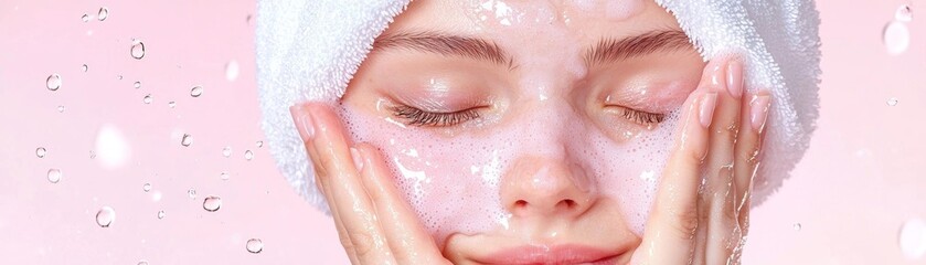 Fototapeta premium Teenage girl with acne on her cheeks, using a gentle facial cleanser