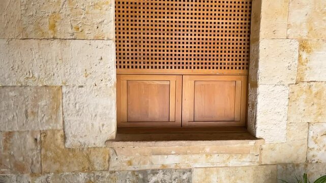 filming a yellow sandstone facade of a handmade wooden window with a square lattice and in the camera elevation we see a striking stone decoration with a plateresque shield and filled circles.