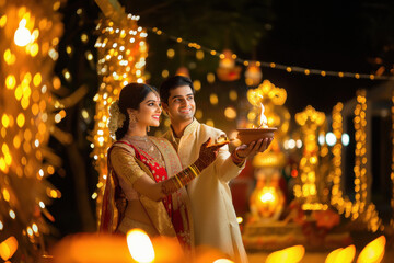 A beautiful Indian couple holding up an oil lamp, celebrating the festival of Durga puja in their traditional attire. The man is holding the clay pot also known as Dhunachi is a Bengali incense burner