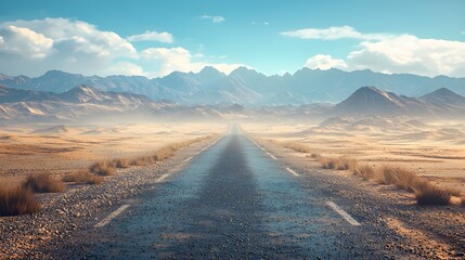 A Serene Journey Along the Open Road: Mountains Emerge from the Misty Horizon in the Distance