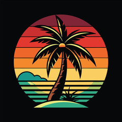 Obraz premium Coconut tree with sunset t-shirt vector illustration art eps