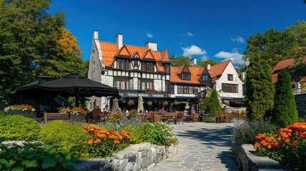 Obraz premium A picturesque view of a charming hotel with a cobblestone path leading to the entrance