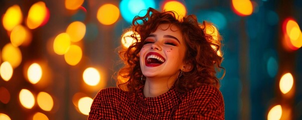 Teenage girl with acne on her cheeks, captured in a moment of laughter