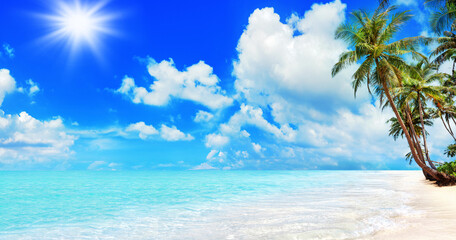 Sea beach, paradise tropical island, beautiful nature panorama landscape, turquoise ocean water, coconut palm trees, white sand, summer holidays, vacation, travel banner, Caribbean, Maldives, Thailand