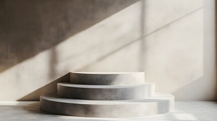 Naklejka premium A multi-tiered round podium with each level slightly offset, creating a dynamic display against a light-colored backdrop.