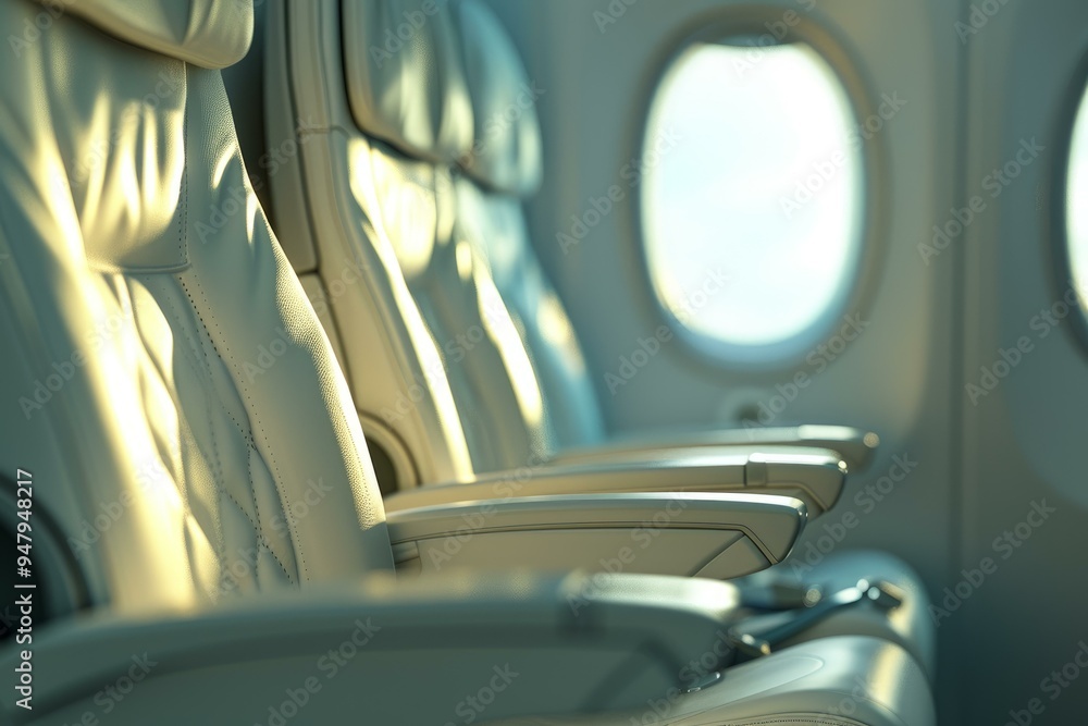 Poster rows of empty first class seats are bathed in warm sunlight streaming through the windows of an airp
