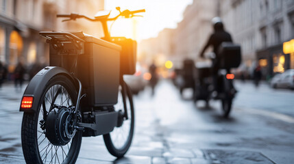 Electric delivery bikes navigate a bustling cityscape at sunrise, representing the future of urban logistics and eco-friendly transportation.