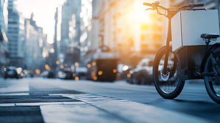 An electric cargo bike parked on a city street at sunrise, symbolizing sustainable urban transportation and modern delivery solutions.