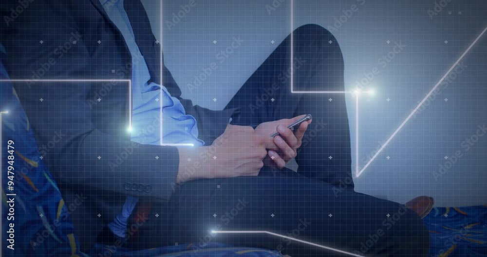 Poster holding smartphone, person sitting with data processing animation over them