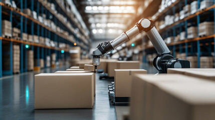 A robotic arm efficiently sorts packages in a modern warehouse, showcasing advanced automation in logistics and fulfillment processes.