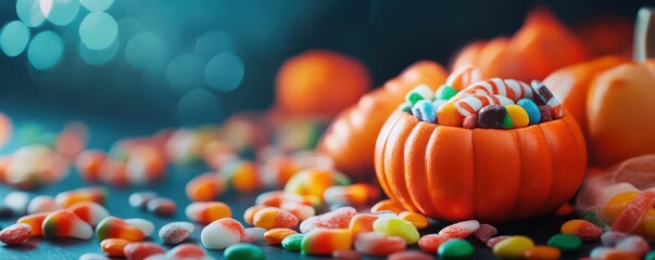 Fototapeta premium Colorful Halloween candy in a decorative pumpkin against a festive background, perfect for spooky holiday celebrations and treats.