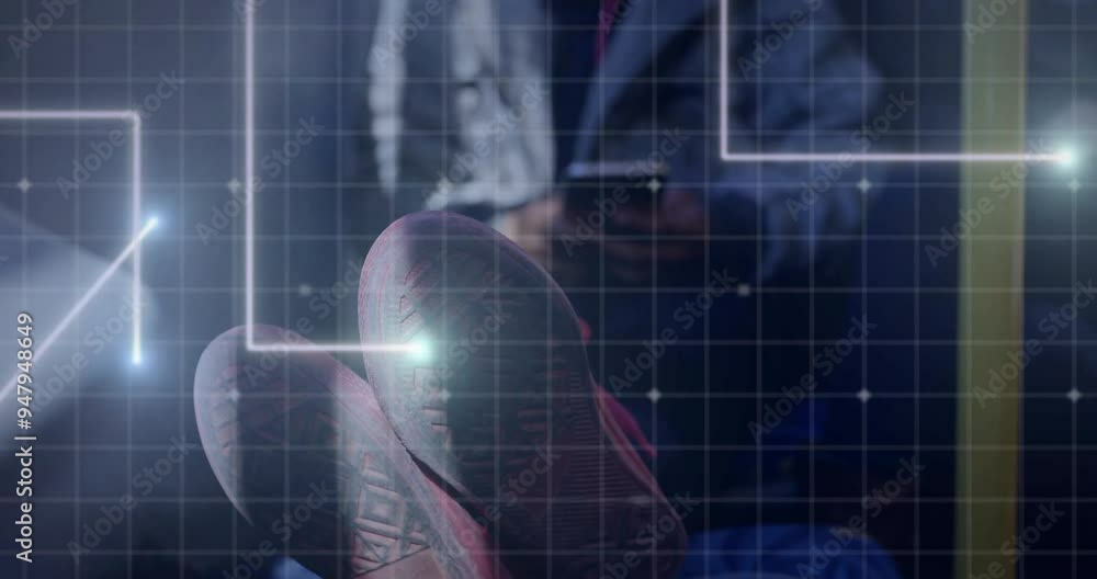 Poster grid pattern and data processing animation over person using smartphone and wearing sneakers