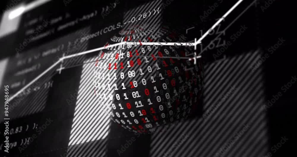 Aufkleber binary code sphere and data processing animation over black background with graphs