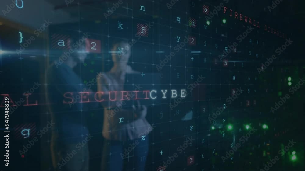 Aufkleber warning and malware detection animation over people discussing in office