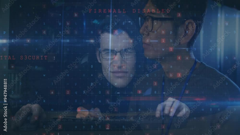 Poster cybercrime and malware detected animation over people using computers