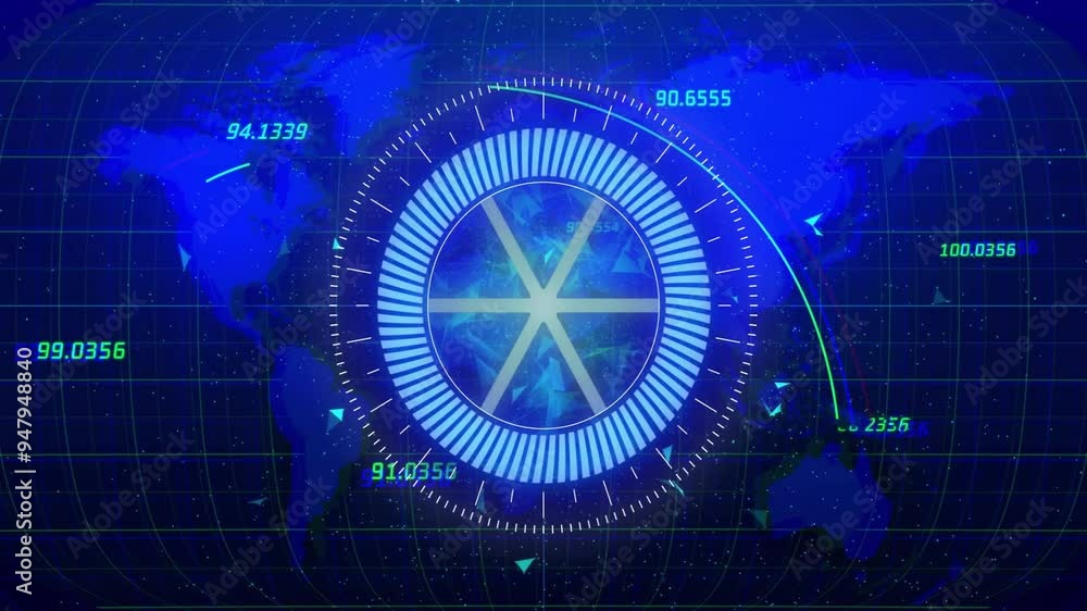 Poster Rotating radar animation over world map with coordinates and grid lines