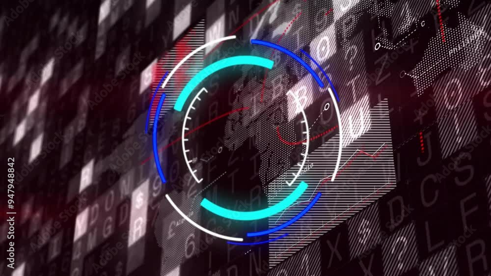 Poster digital data and world map animation with circular progress indicator