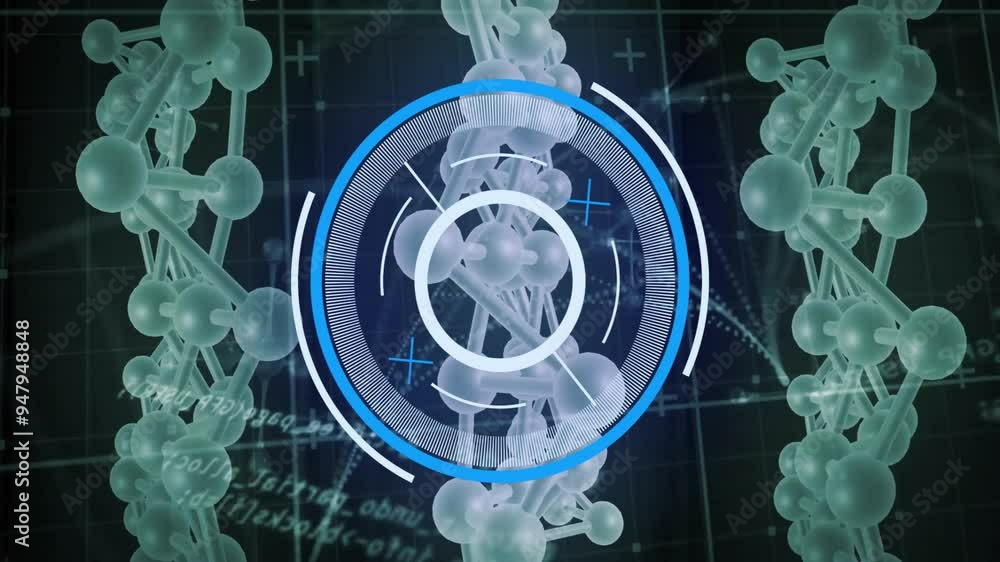 Poster molecular structure and data analysis animation over scientific background