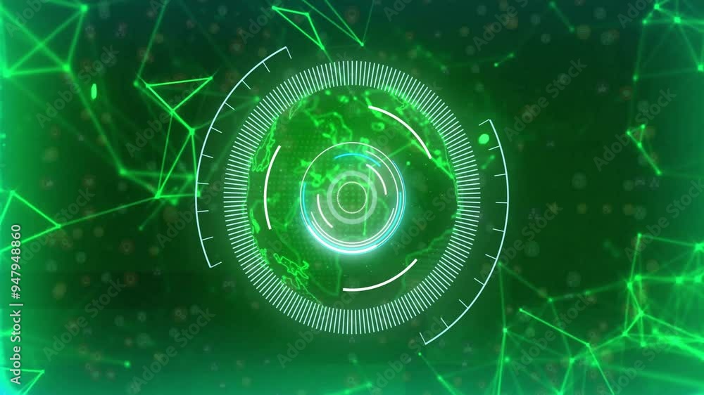 Poster rotating digital globe and geometric shapes, futuristic data visualization animation