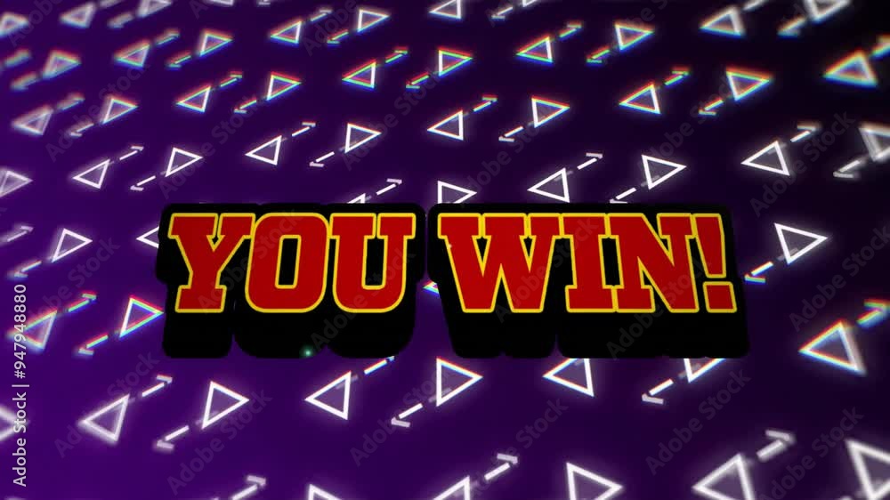 Aufkleber you win! text animation over glowing triangular patterns on purple background