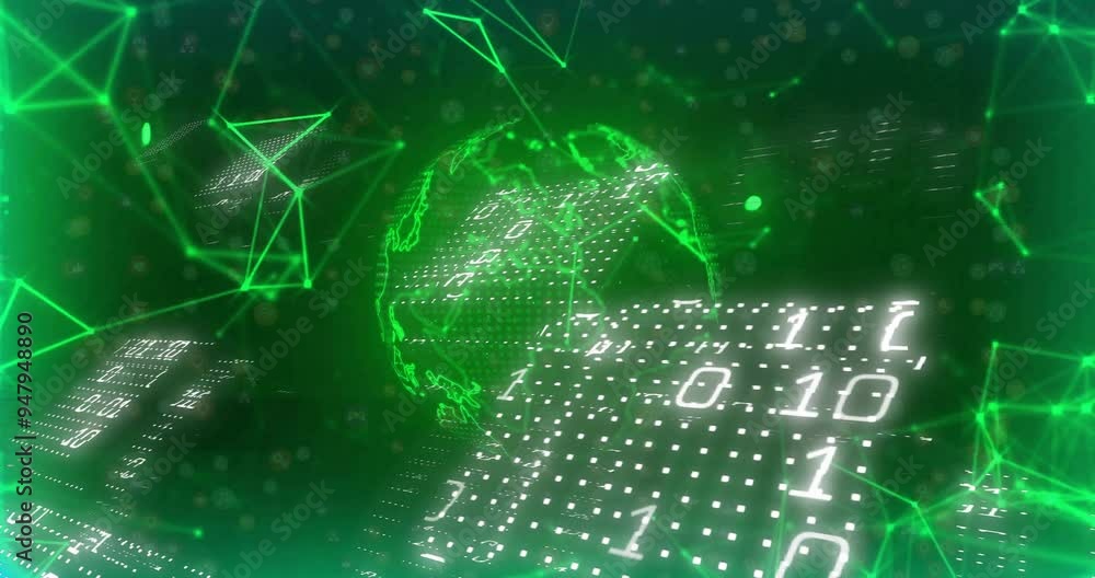 Poster digital globe and binary code data processing animation over green network connections