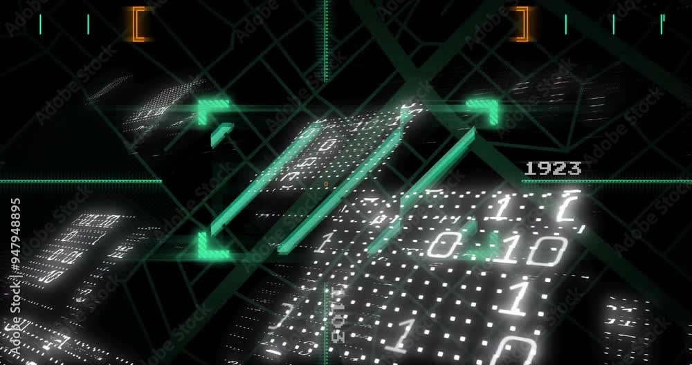 Aufkleber binary code and digital data processing animation over geometric shapes and grids