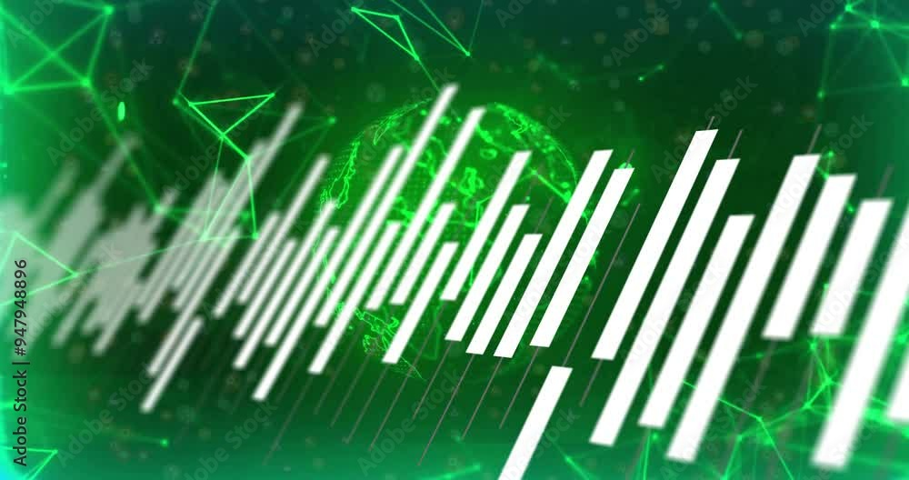 Poster green globe and bar graph data processing animation over digital network connections