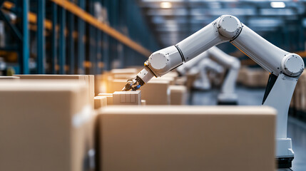 Automated robotic arms process packages in a high-tech warehouse, emphasizing the role of technology in streamlining logistics and supply chain management.