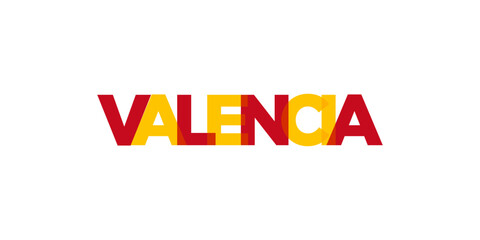 Valencia in the Spain emblem. The design features a geometric style, vector illustration with bold typography in a modern font. The graphic slogan lettering.