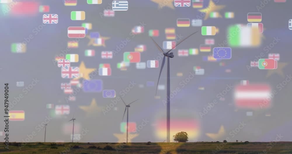 Poster wind turbines on landscape with floating country flags animation