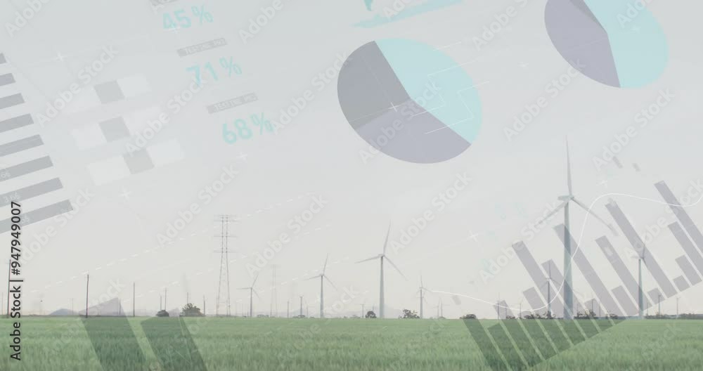 Poster wind turbines in field with data visualization animation overlaid