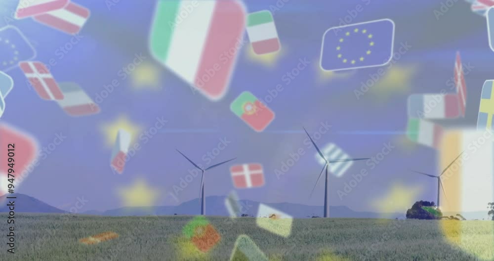 Poster wind turbines in field with european flags animation over blue sky background