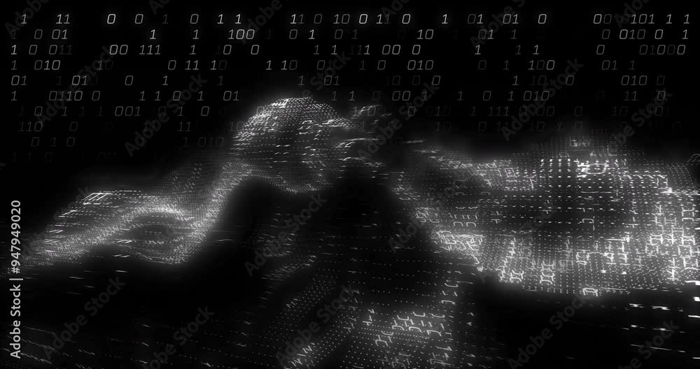Poster binary code and digital landscape animation over dark background