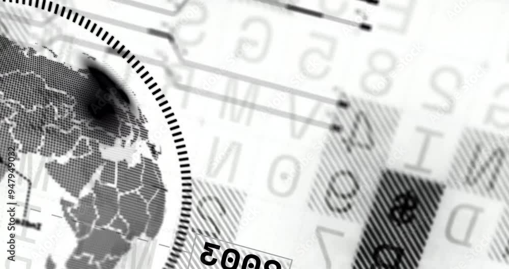 Poster rotating globe and numbers animation over abstract background with letters and lines