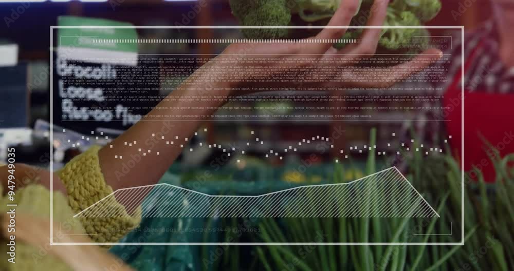 Poster analyzing nutritional data animation over person selecting vegetables in grocery store