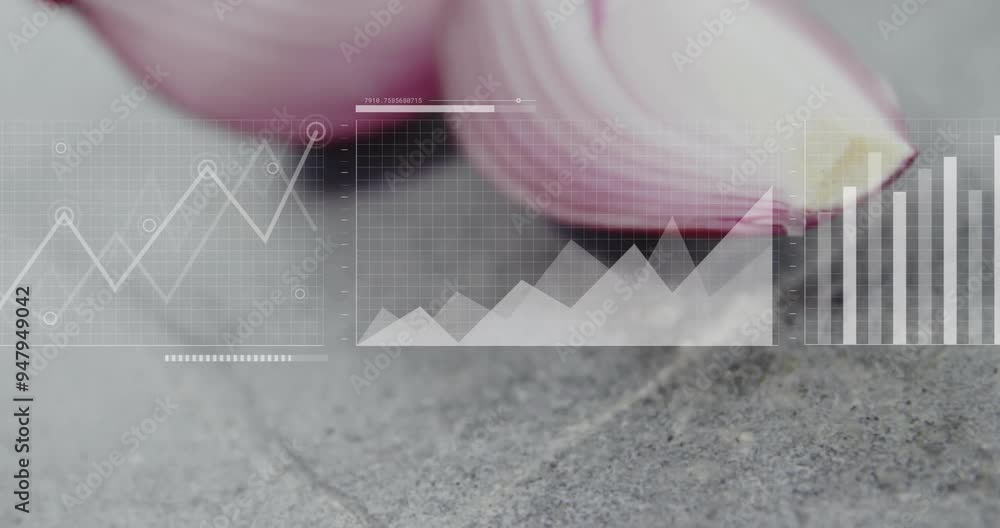 Poster graph and bar chart animation over close-up of sliced red onions