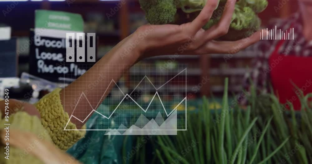 Poster holding broccoli, person in grocery store with data analysis animation overlay