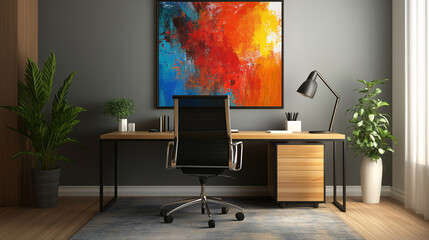 A minimalistic office with a clean-lined desk, ergonomic mid-century modern chair, and a vibrant abstract painting. Wooden accents