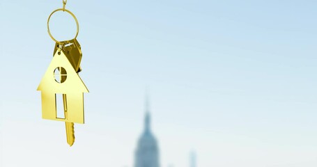 Golden house keychain animation over blurred cityscape background - Powered by Adobe