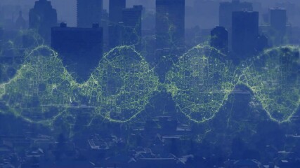 DNA strand and network connections animation over cityscape background - Powered by Adobe