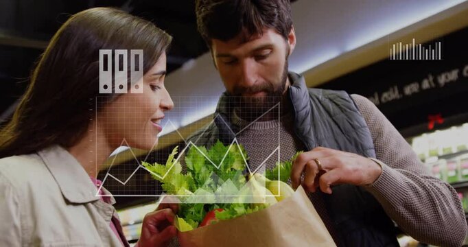 Charts and graphs animation over couple grocery shopping and examining produce