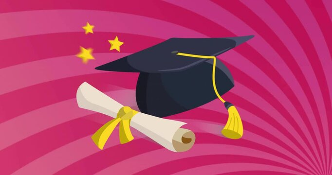 Graduation cap and diploma with stars animation on pink spiral background