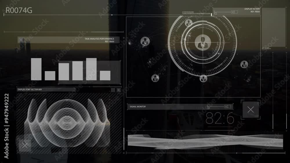Poster data analysis and signal monitoring animation over cityscape at dusk