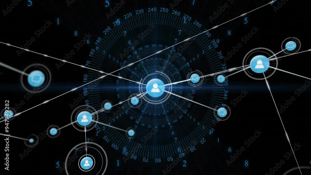 Poster Network of connected user icons and data points, digital communication animation
