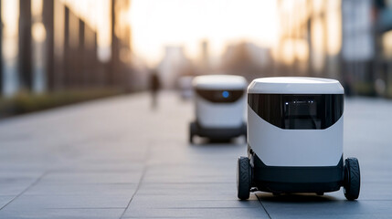 Self-driving delivery robots navigating an urban environment, illustrating advancements in automated delivery technologies and smart city logistics.